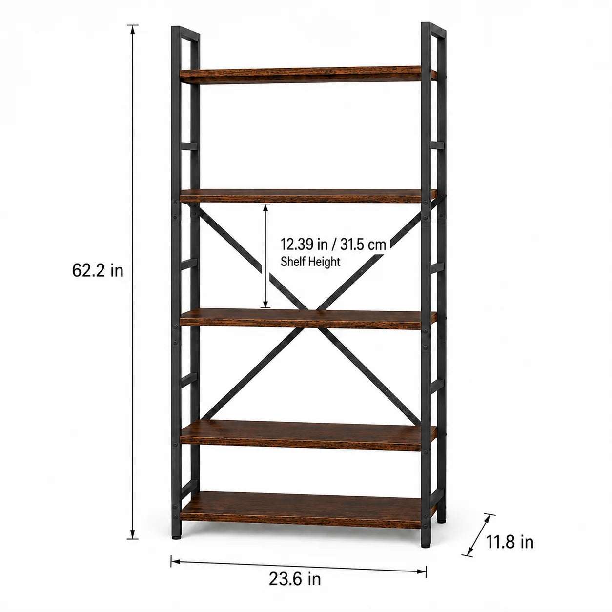 Bookshelf, Rustic Brown Engineered Wood and Black Metal Bookcase, Freestanding Storage Shelves with Cross Back for Home Office Living Room