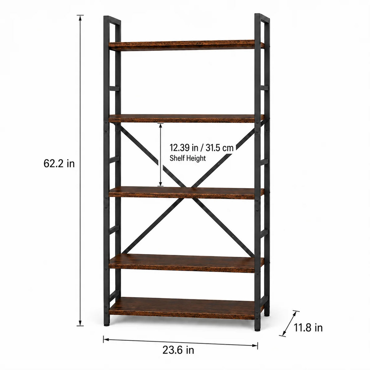 Bookshelf, Rustic Brown Engineered Wood and Black Metal Bookcase, Freestanding Storage Shelves with Cross Back for Home Office Living Room