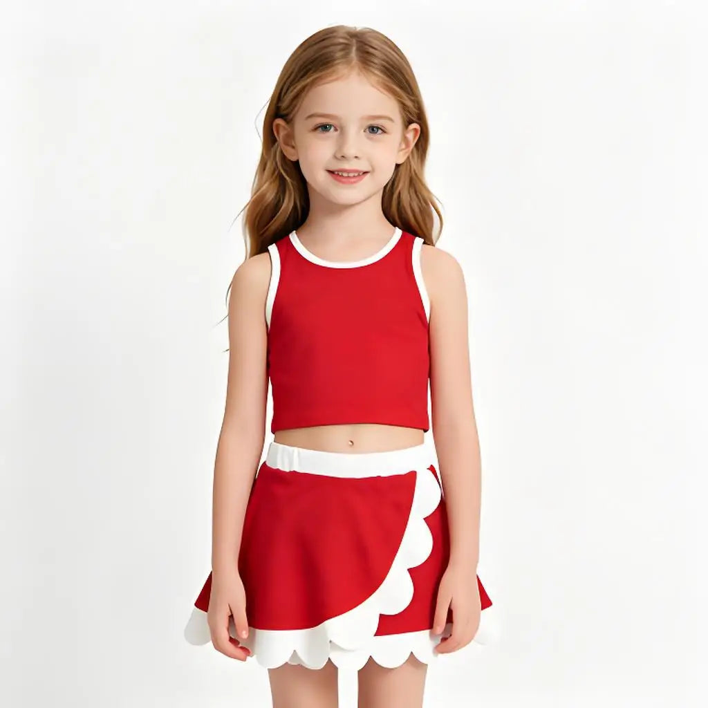 Sleeveless red white scallop girls team active wear set