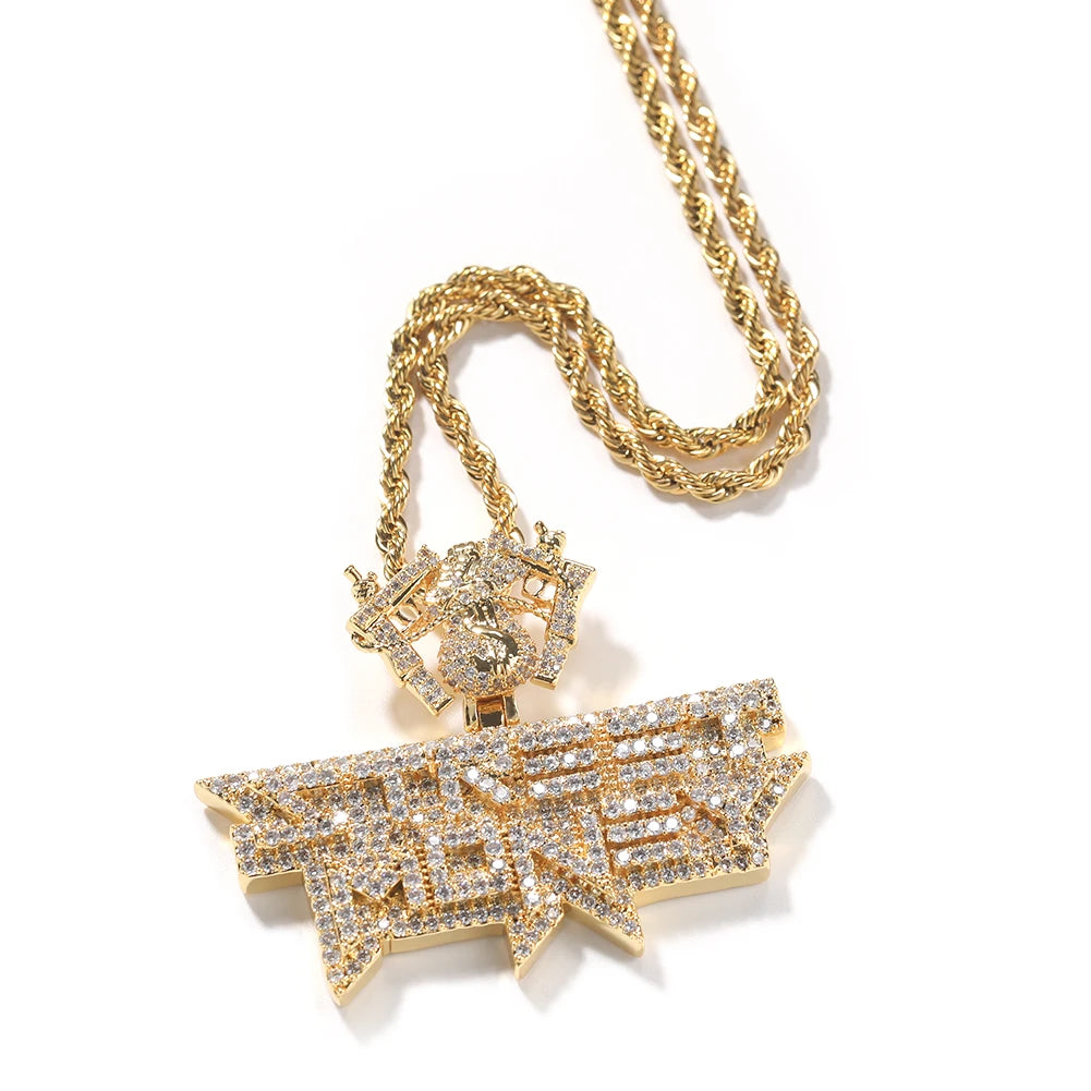 Icy Street Money Pendant With Dollar Bag Guns Hook Mens Necklace 18K Gold Plated Iced Out 5A CZ Hip Hop Jewelry