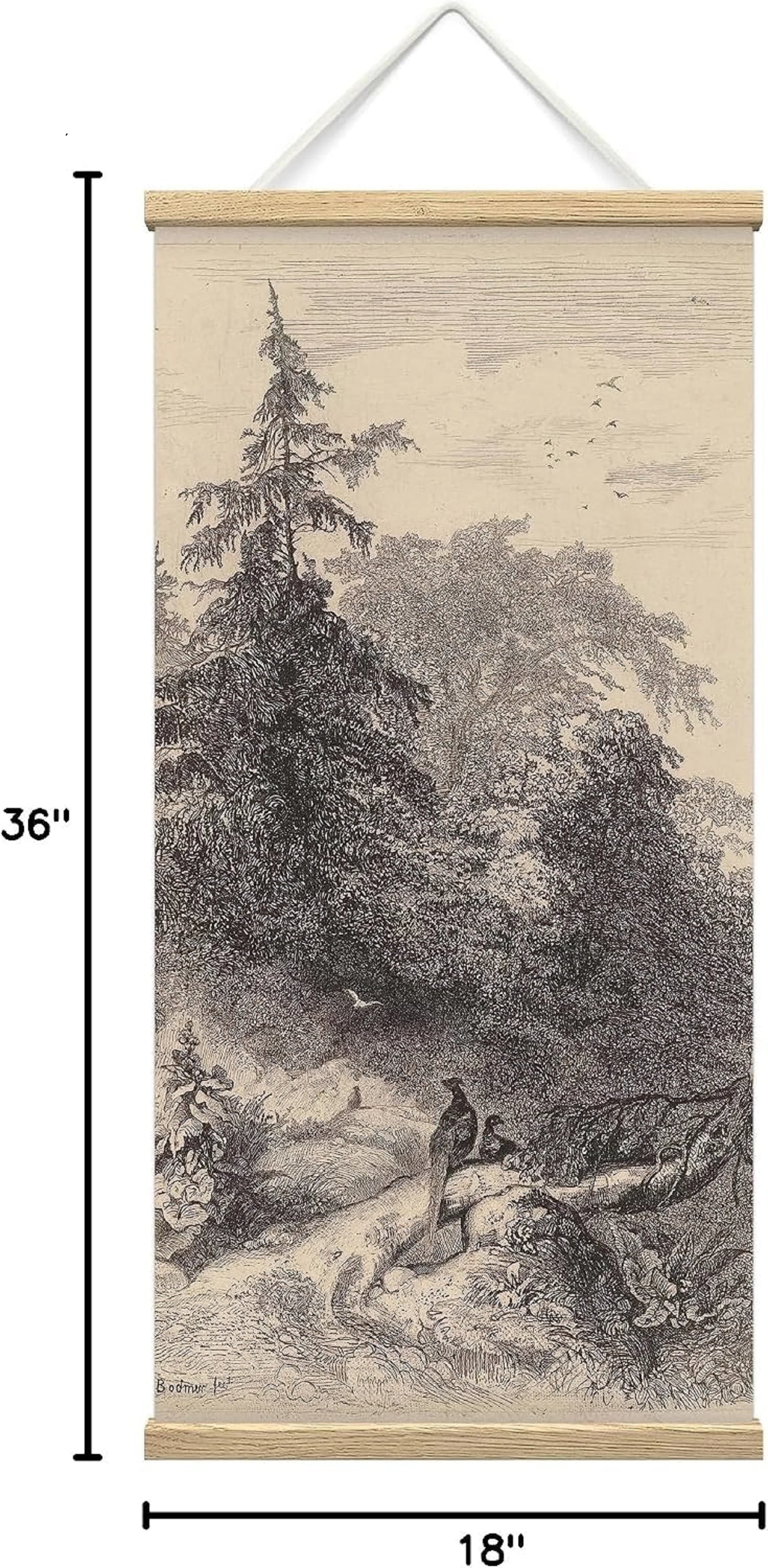 Wooden Framed Hanging Poster Tranquil Forest Detailed Black and White Etching Wall Picture Poster Artwork for Home