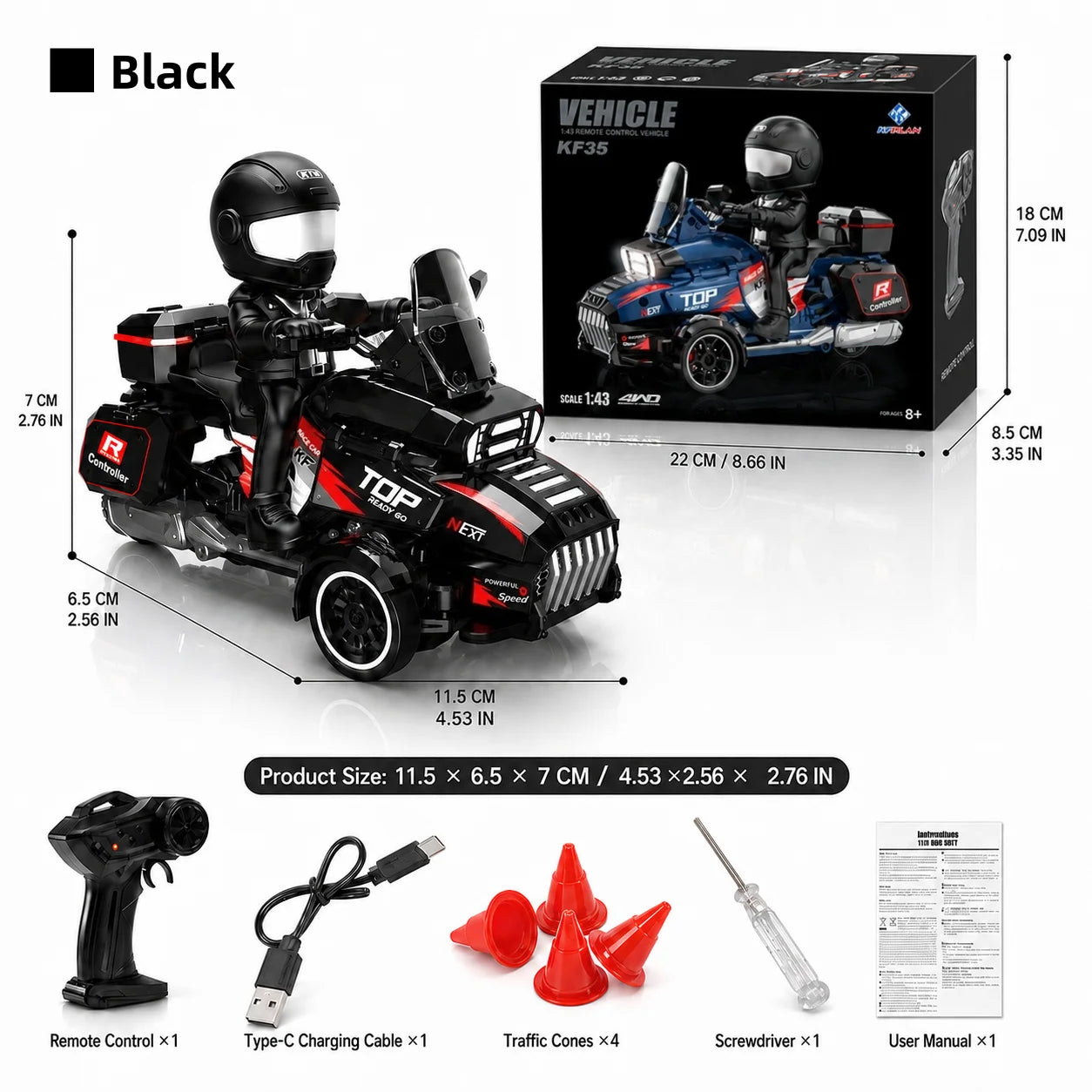 1/43 RC Drift Motorcycle, 2.4GHz Remote Control 3-Wheel Drift Trike with Detachable Rider Figure, LED Lights, High-Speed Racing Motorcycle Toy, Mini RC Car, USB Rechargeable, Birthday Christmas Gift for Kids Boys Adults