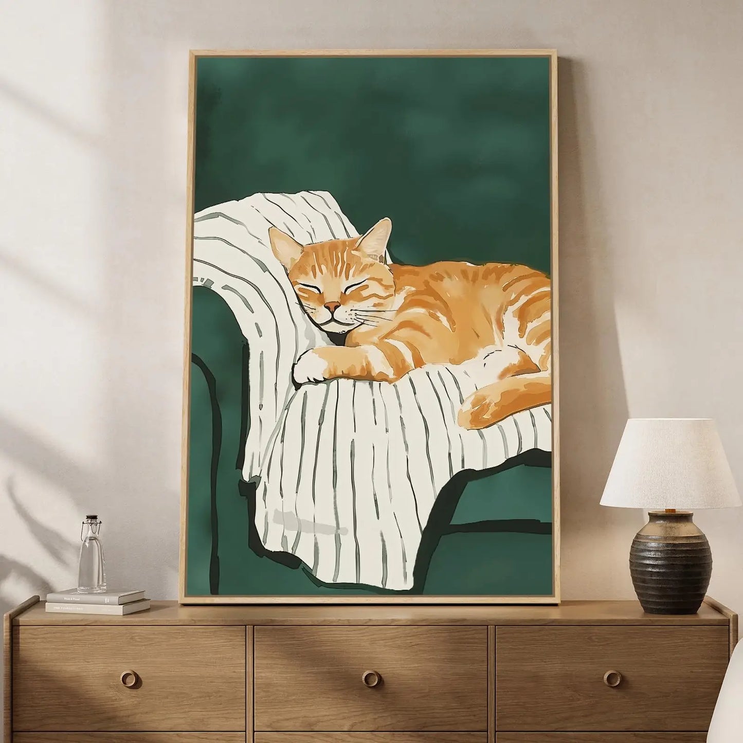 Framed Neutral and Green Wall Art for Bedroom Decor, Large Cozy Cat Canvas Painting Artwork for Room Walls, Green Picture Print for Dining Room Nursery Guest Room Hallway Wall Art Decor, 24x36 Inch