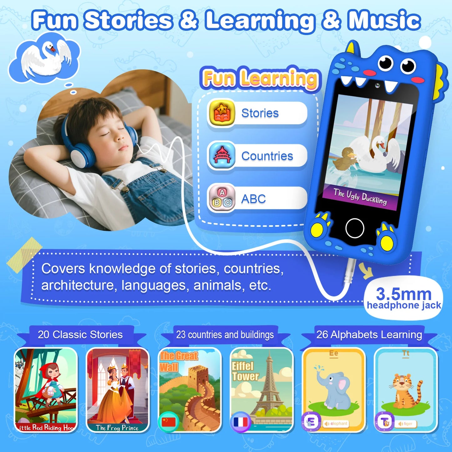 M SANMERSEN Dinosaur Kids Smart Phone for 3-6 Year Olds โ 2.8" Touchscreen, Dual Camera, 28 Learning Games, MP3 Music Player, 32GB SD Card โ Educational Toddler Phone Toy for Boys & Girls