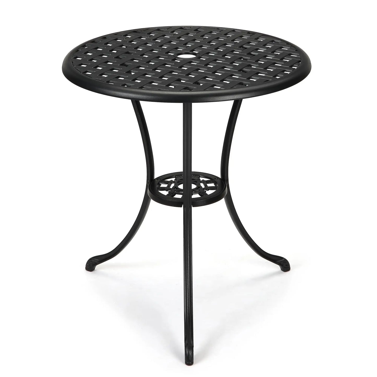 Patio Bistro Table, 24" Round Outdoor Coffee Table with 2" Umbrella Hole, Outdoor Cast Aluminum Bistro Table Side Tab