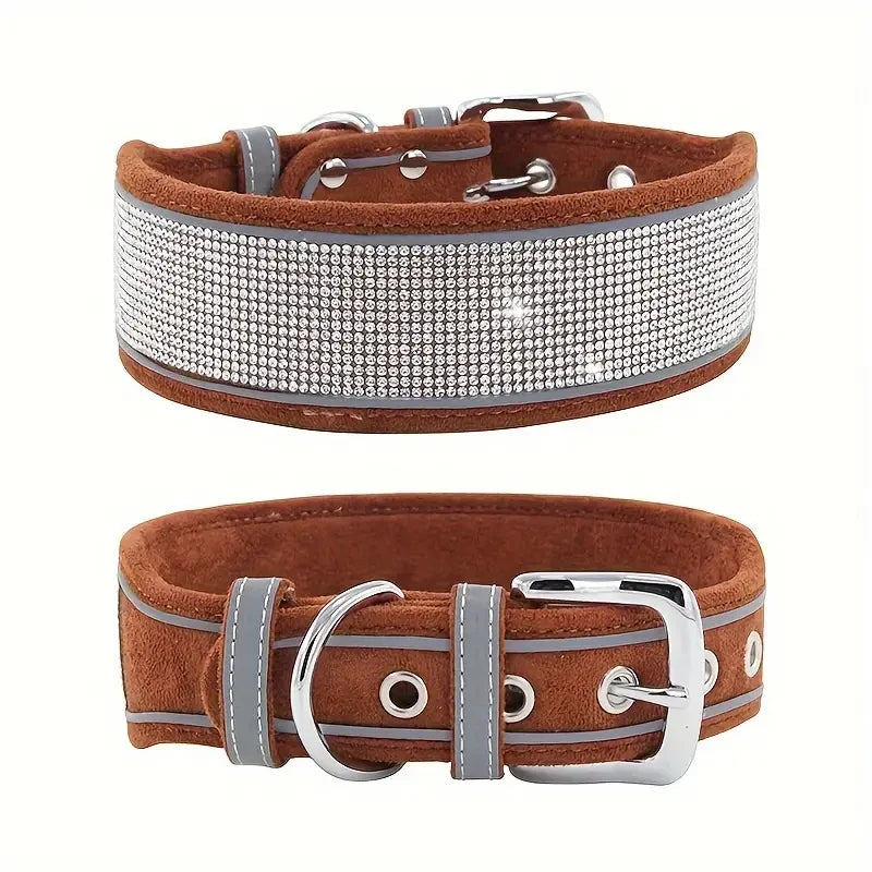 CL202-2D--adjustable suede fabric pet dog collar, rhinestone decoration.