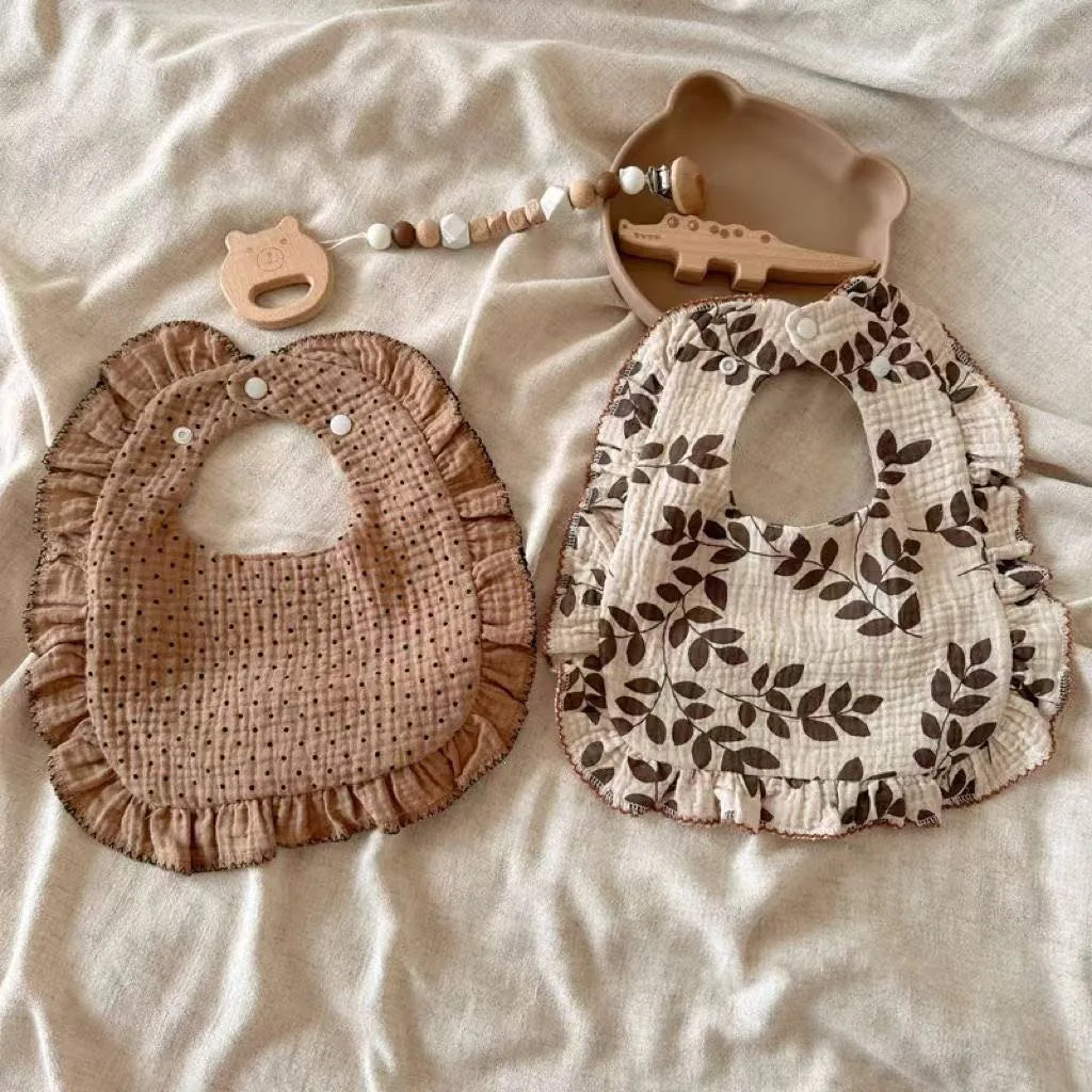 2pcs Floral Print Baby Bibs U-Shaped Snap Saliva Towel Ruffled Edge Muslin Cotton Burp Cloths Rainbow A Grade Feeding Scarf
