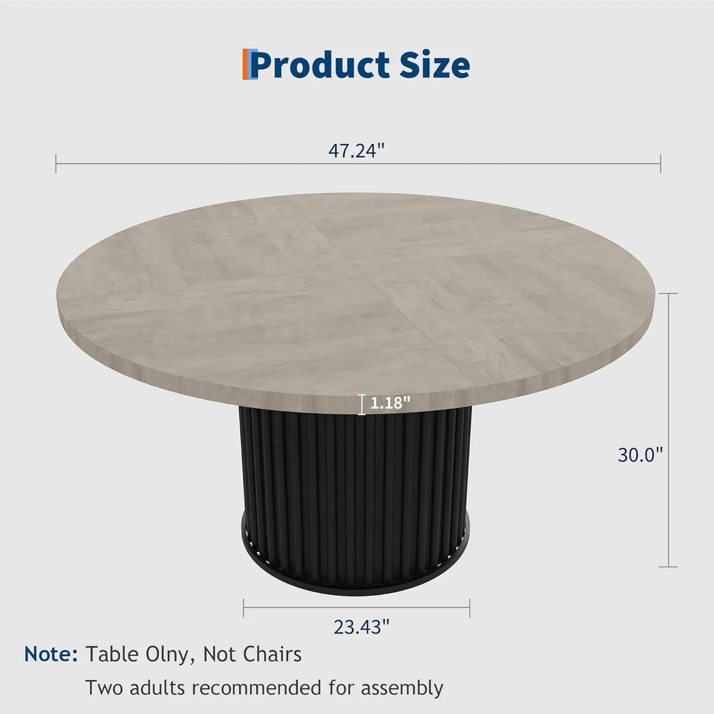 47 Inch Round Dining Table for 4-6 People, 120cm Wood Kitchen Table with Metal Pedestal Base, Space-Saving, Easy Assembly for Dining Room, Kitchen, Grey