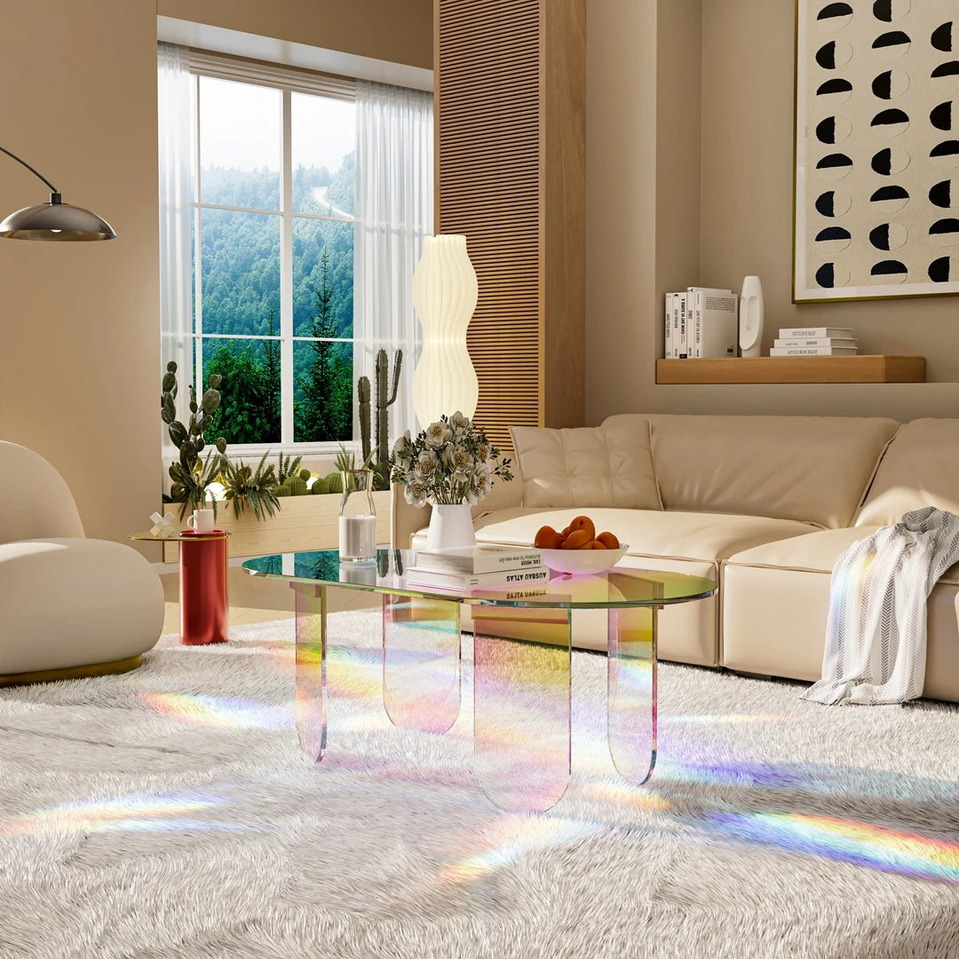Modern Acrylic Coffee Table Clear Side Table with 4 Legs Rainbow Accent Furniture Space-Saving Living Room/Office Decor