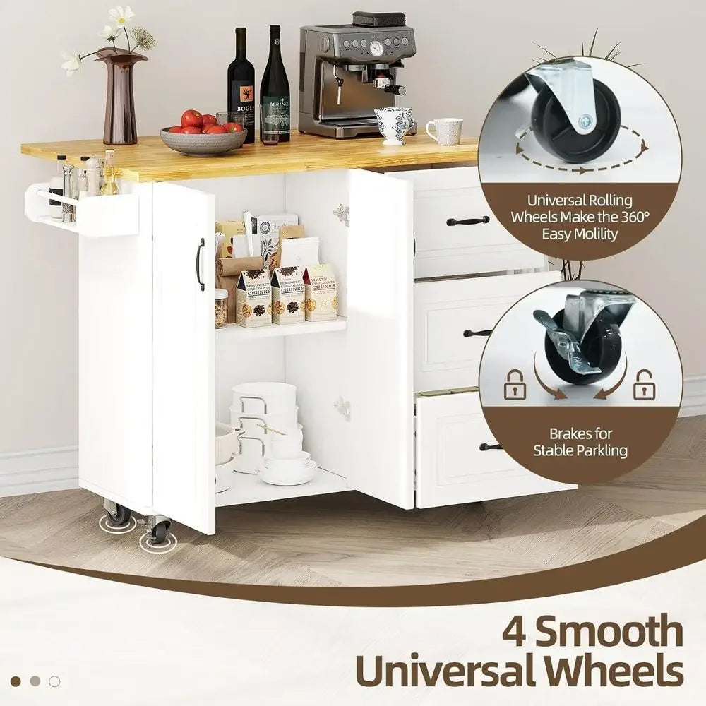 Kitchen Island with Storage on Wheels, Rolling Kitchen Island with Spice Rack & Towel Rack, Portable Island Table or Kitchen, Wh