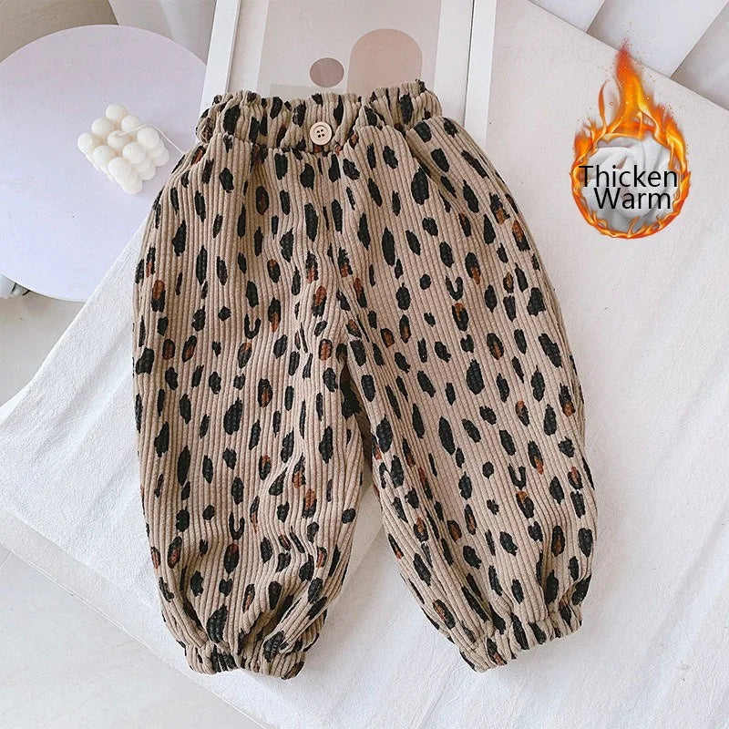 Spring Autumn Girls Korean Corduroy Floral Pants Thicken Fleece Warm Children Trousers Fashion Leopard Print Boys Pants Outwear