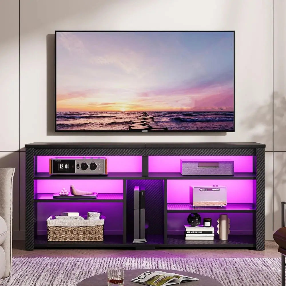 LED Tall TV Stand, Entertainment Center or 55/60/65 Inch TV, Gaming TV ole with Storage or PS4, Adjustable Shel TV Cabinet
