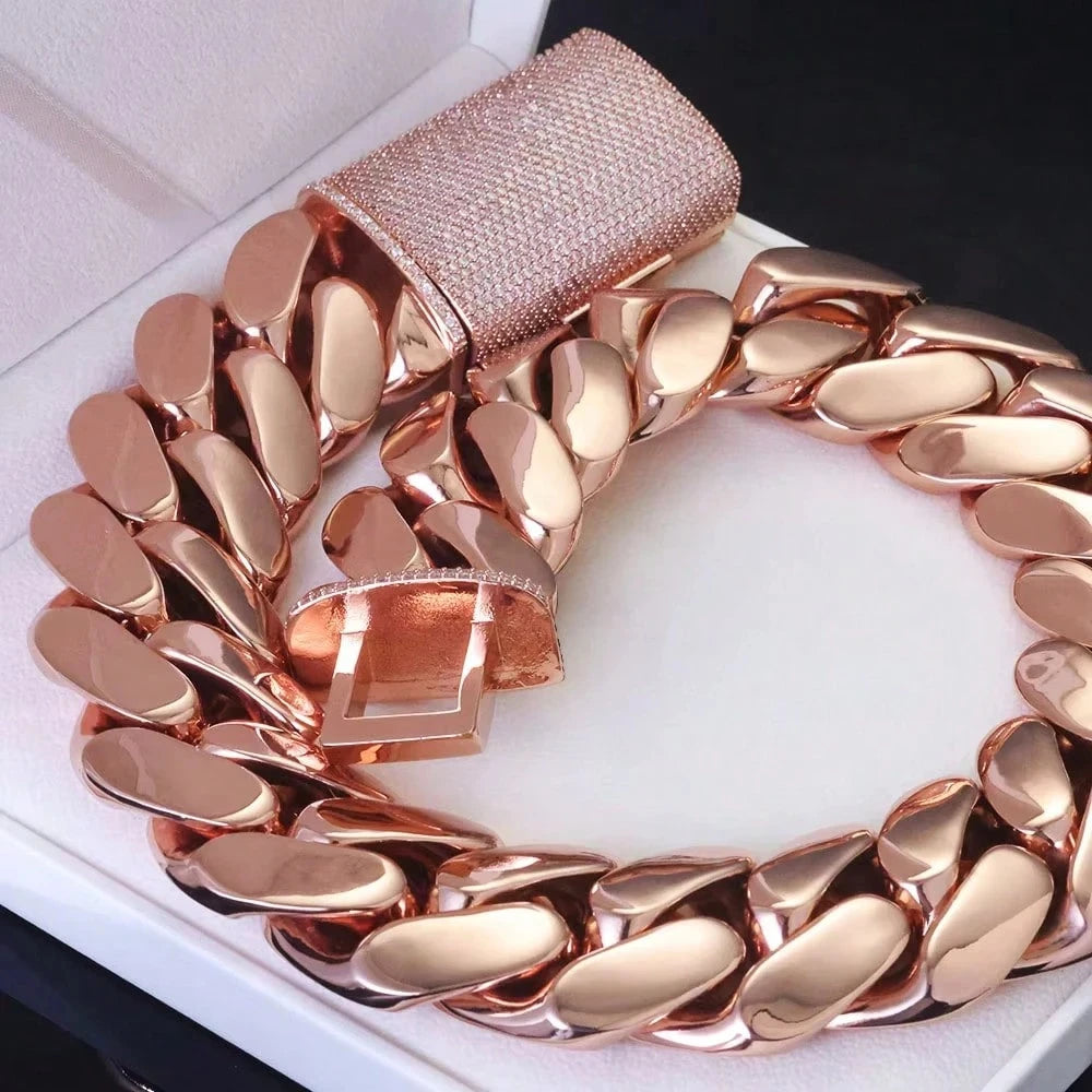 14-22mm Rose Gold 316L Stainless Steel Cuban Miami Link Chain Iced Out CZ Box Clasp Necklace Fashion Hip Hop Unisex Jewelry