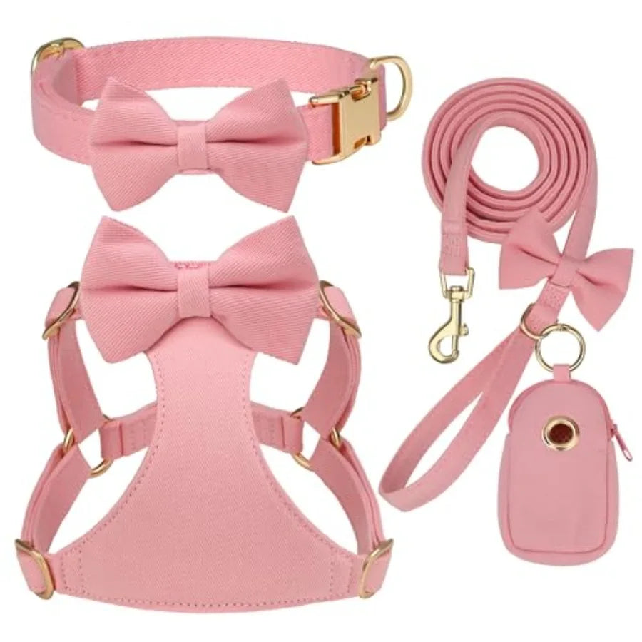 Small dog harness collar leash set for XS dogs, nylon with pink bows, adjustable step-in vest for walking and holiday outfits