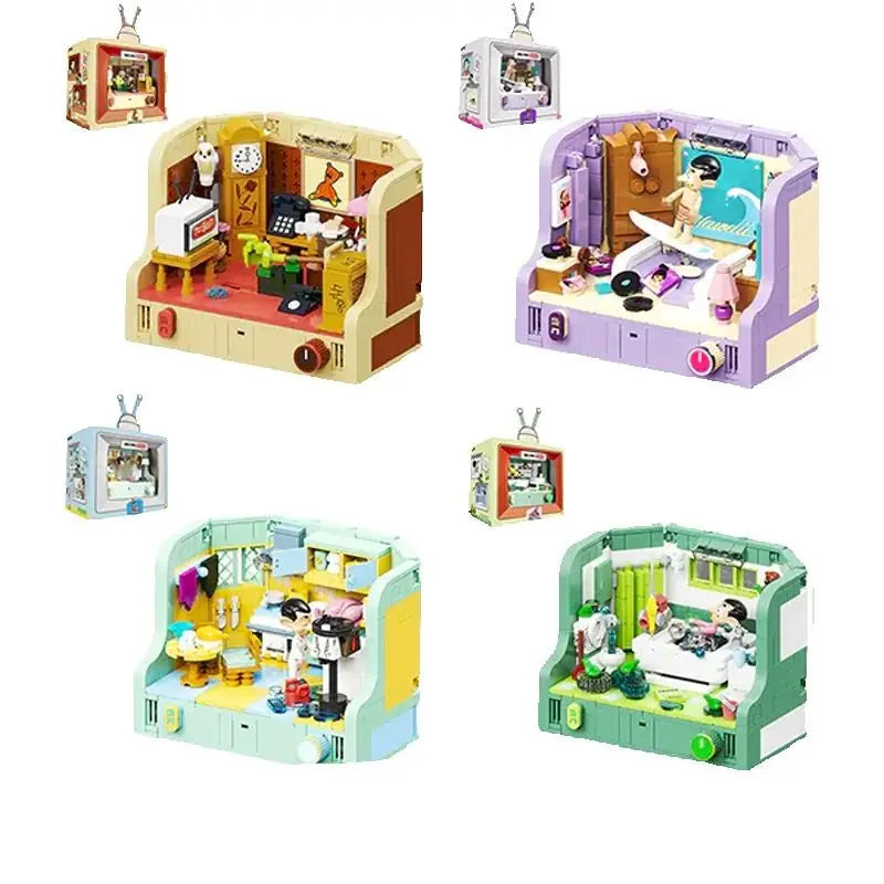 4 IN 1 Mr.Bean House Building Blocks Creative Anime Apartment Model Bricks Desktop Decoration Puzzle Toy For Kids Exquisite Gift