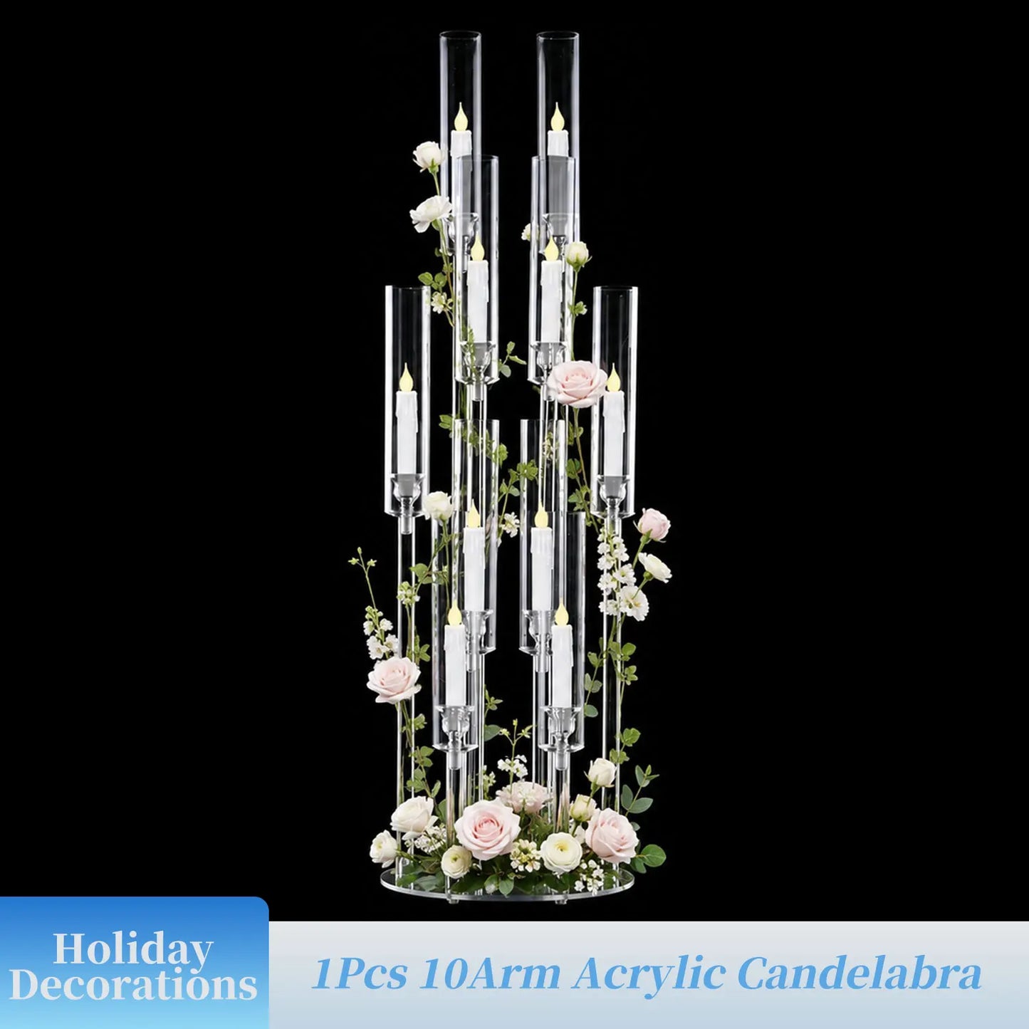 10 Arm Acrylic Candelabra Centerpieces 37.7 Inch Tall Floor Candlestick Holder with Lampshades for Wedding Table Decorations Party Event