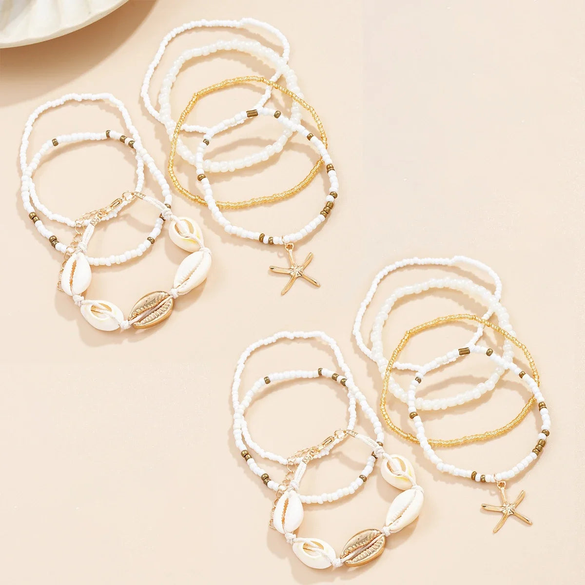 14 piece set of fashionable Bohemian acrylic starfish beaded rice bead women's fashionable bracelet set for beach vacation