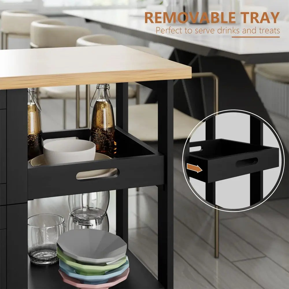 Kitchen Island with Storage Cart Rolling Coffee Small Butcher Block Table Microwave with 3 Drawers on Wheels Station Portable M