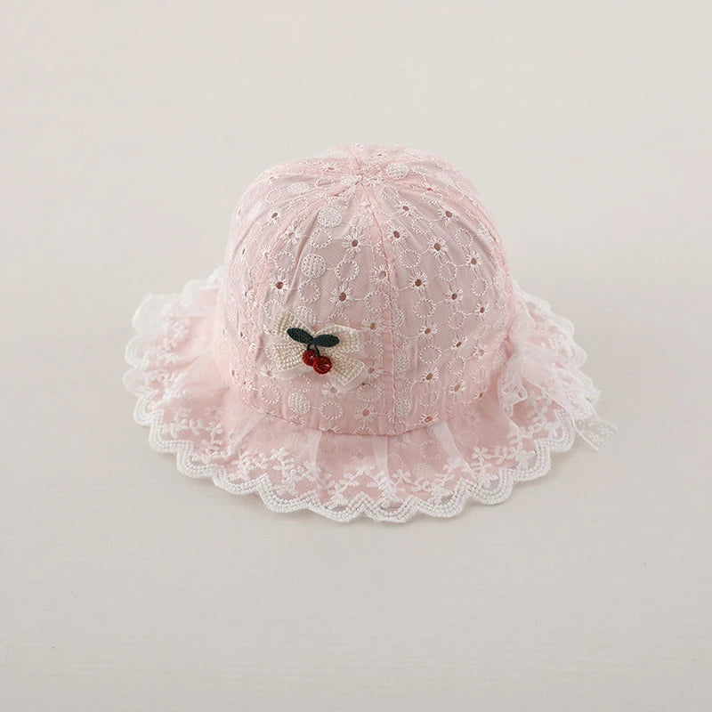 0-12M Infants Lace Fisherman Cap Princess Baby Sunscreen Basin Caps Cute Cherry Bucket Hat Kids Summer Thin Hollow Cotton Visors