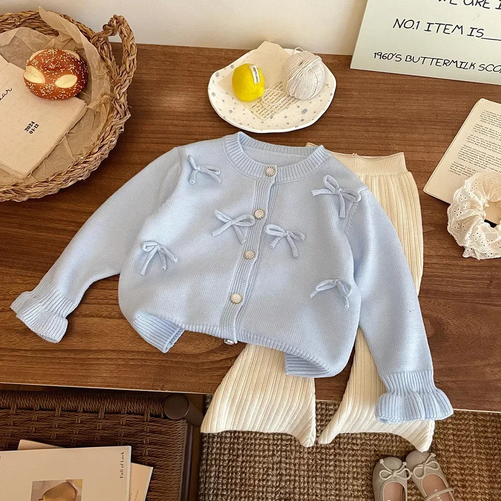 Childrens Clothing 2025 Autumn and Winter New Item Girls Bow Knit Cardigan Sweater Jacket Cute Baby Sweet Top Fashion