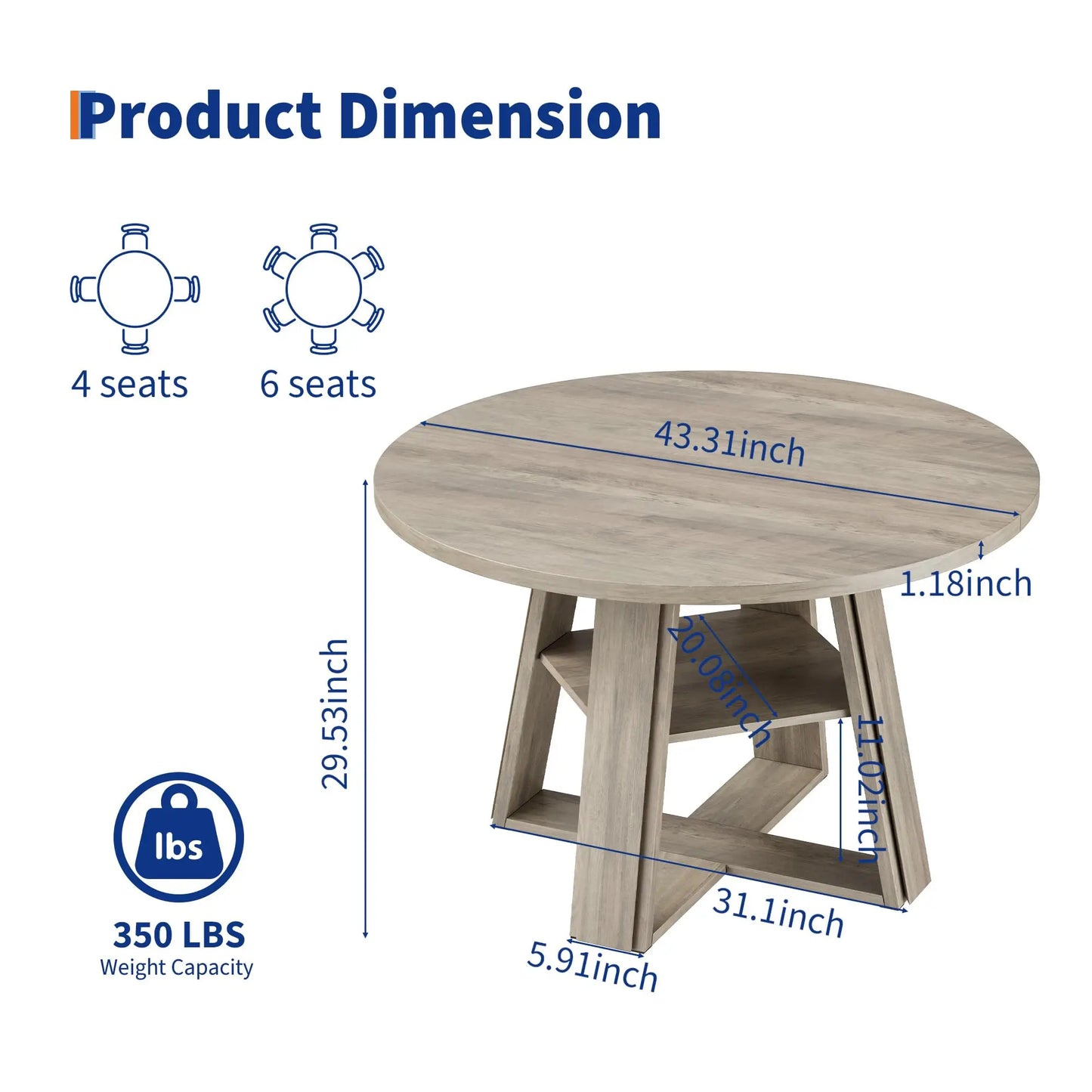 Modern Farmhouse 43'' Round Dining Table with Sturdy Wooden Pedestal, Extra Storage Shelf, Space-Saving for Kitchen & Dining Room, Seats 2-4,(Only table)