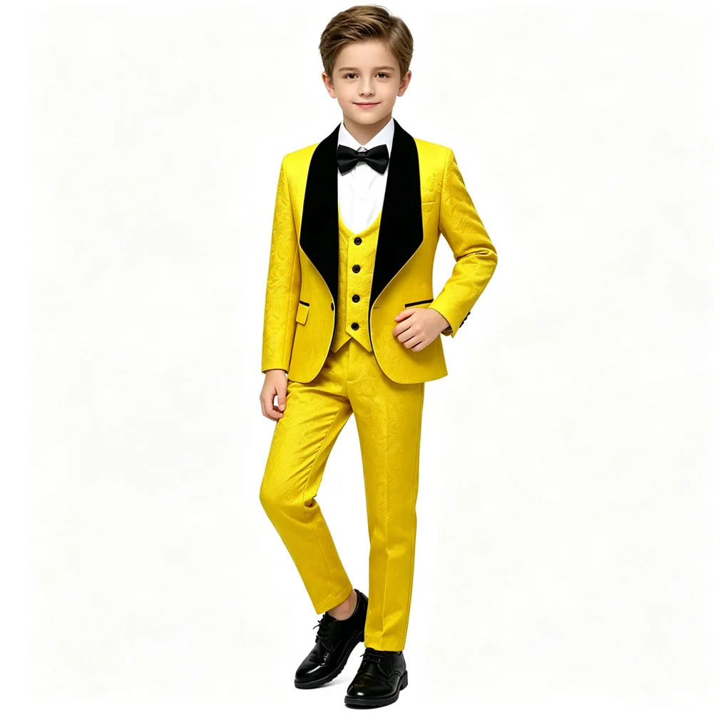 Boys White Jacquard Tuxedo Suit Black Velvet Shawl Lapel 3 Piece Kids Wedding Outfit Child Prom Graduation Stage Formal Blazer Vest Pants With Bow Tie