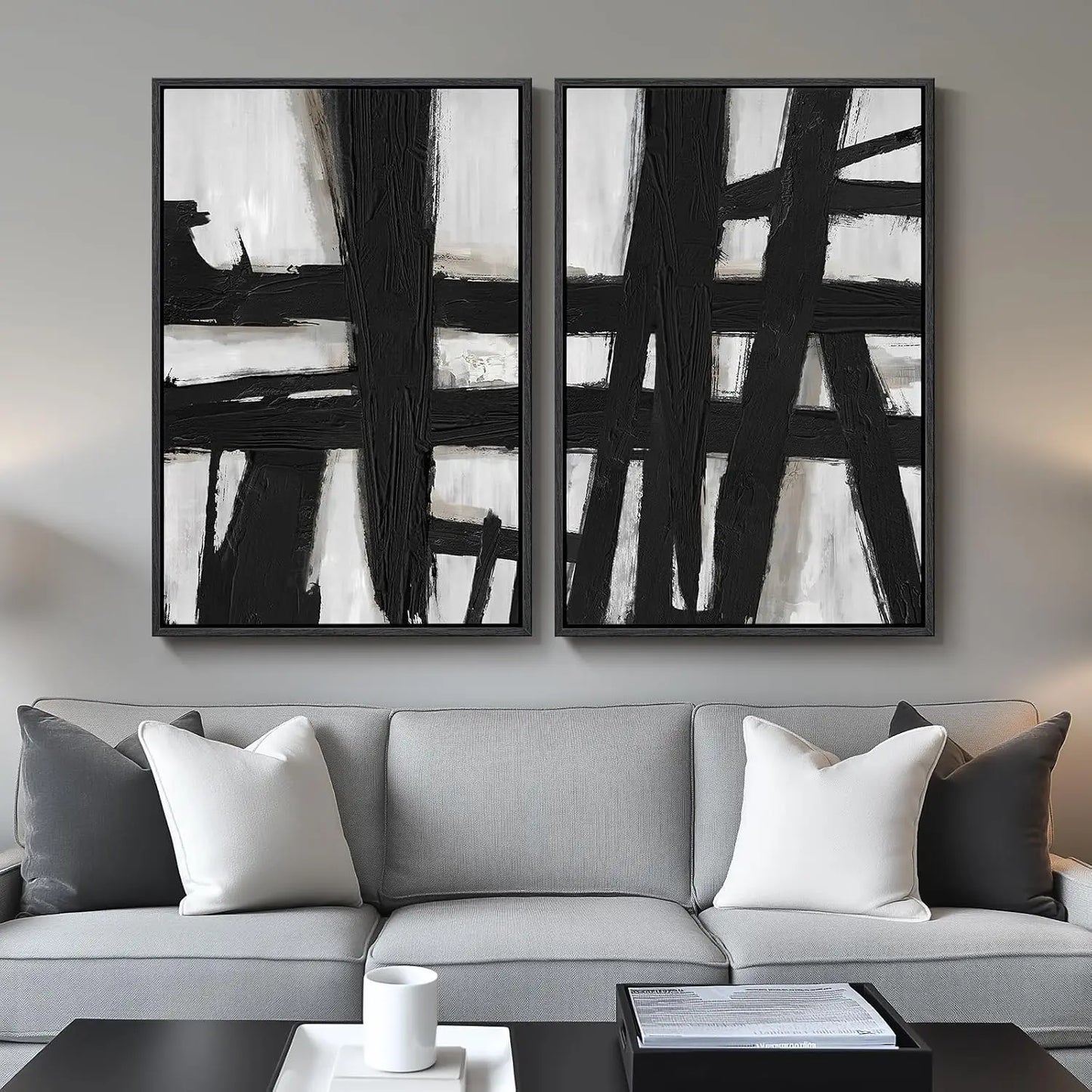 Framed Neutral Abstract Wall Art Set of 2, Black Beige Modern Canvas Prints Paintings Artwork for Walls, Minimalist Block Lines Pictures for Living Room, Dining Room, Bedroom Wall Decor 16x24 In