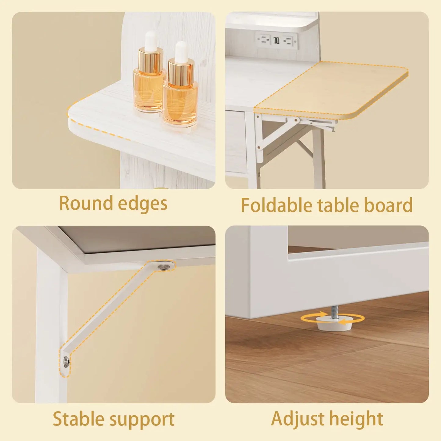 Fairy White Makeup Vanity Desk with Mirror, Lights, Power Outlet, Chair & Storage Drawer