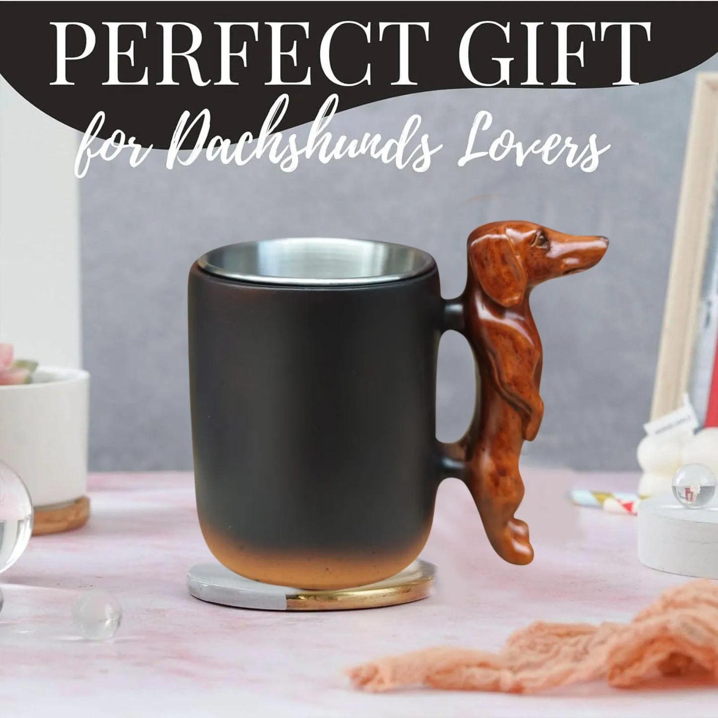 3D Dachshund Dog Handle Coffee Mug Artistic Resin Pet Memorial Cup with Sculpted Handle Dachshunds Mug Ceramic Coffee Cup