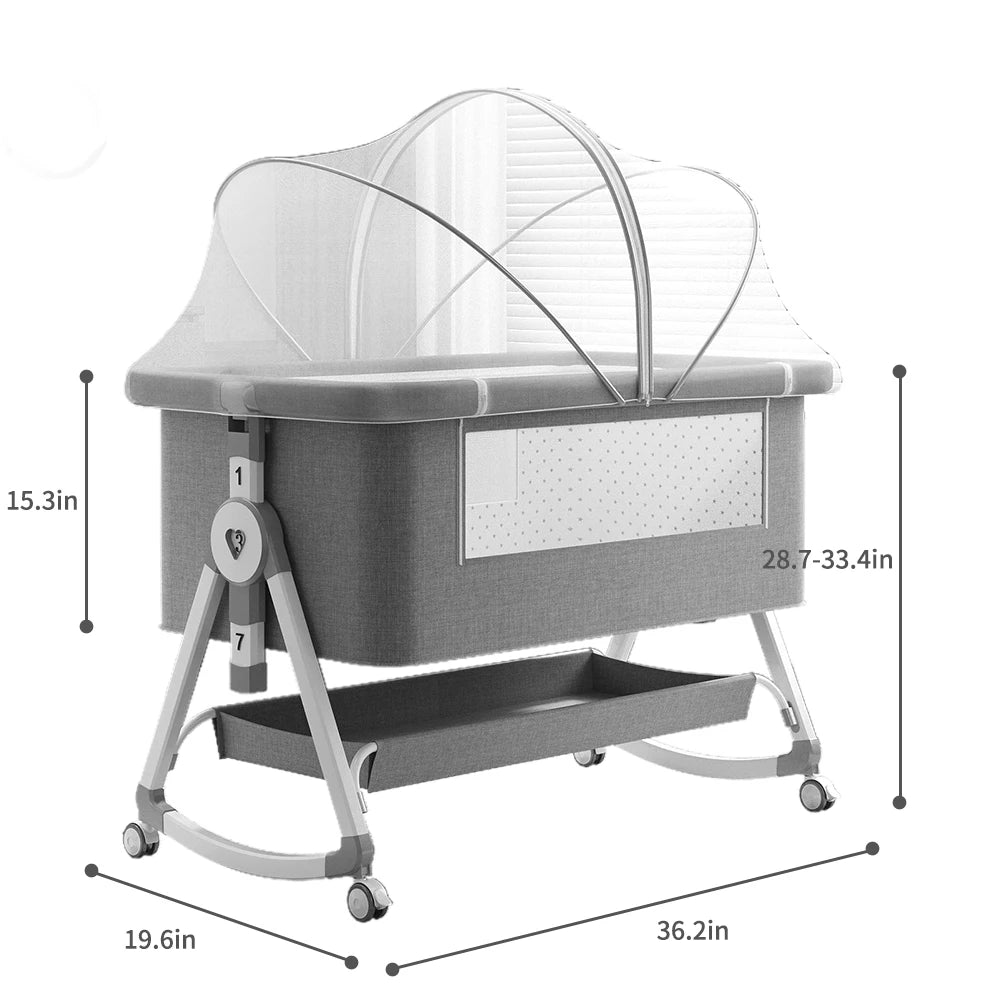 Baby Bassinet, 3-in-1 Bedside Sleeper with Mosquito Net, 7 Adjustable Heights, Portable Folding Infant Crib with Wheels,