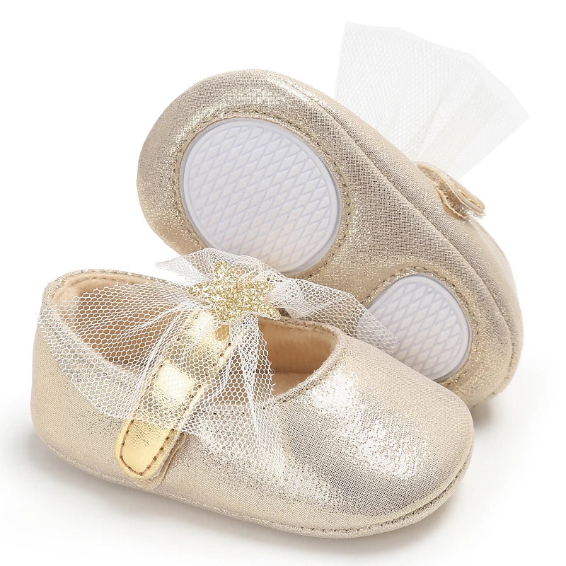 Golden Color Cute Baby Walking Shoes Flat Ballet Footwear with Adjustable Straps for Girls Comfortable First-Time Walk