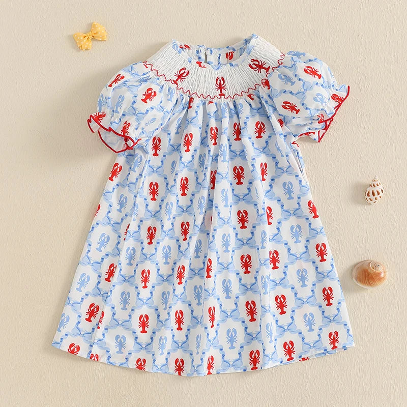 Cute Baby Girls Dress with Crab Print Round Neck and Short Sleeves Adorable Casual Dress for Summer Toddler Kids Beach Dress
