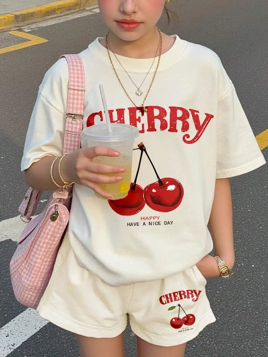 Womens Cherry Bow Print Short Sleeve T-Shirt And Plaid Shorts 2-Piece Set Summer Casual Streetwear Outfit
