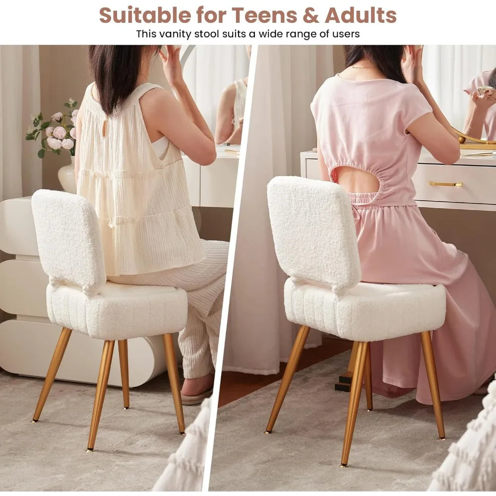 Foldable Back Velvet Vanity Chair Ottoman with Storage and Metal Legs for Dressing Living Bedroom
