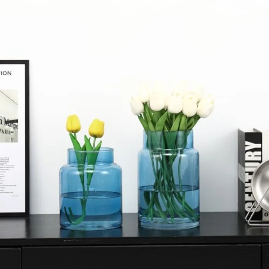Large Glass Vase, Blue Glass Vase Set of 2, Large Flower Vases for Bouquet, Tall Wide Mouth Vases for Flowers, Home, Wedding, L