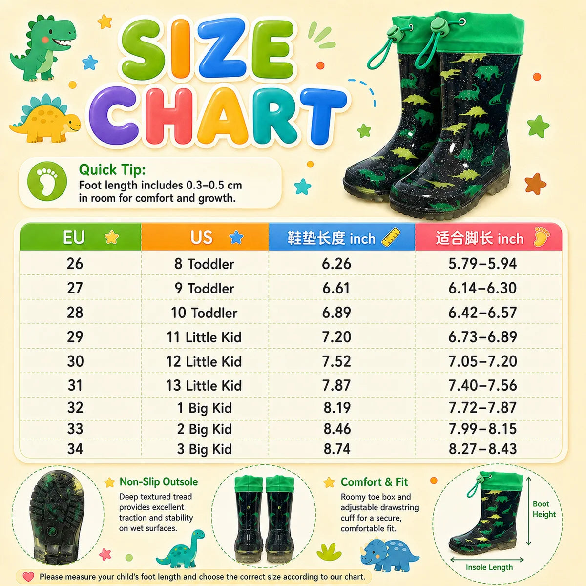 Boys Green Dinosaur Print Glitter Kids Rain Boots Adjustable Drawstring Cuff Waterproof Anti-slip PVC Children Wellies Outdoor Rain Water Shoes
