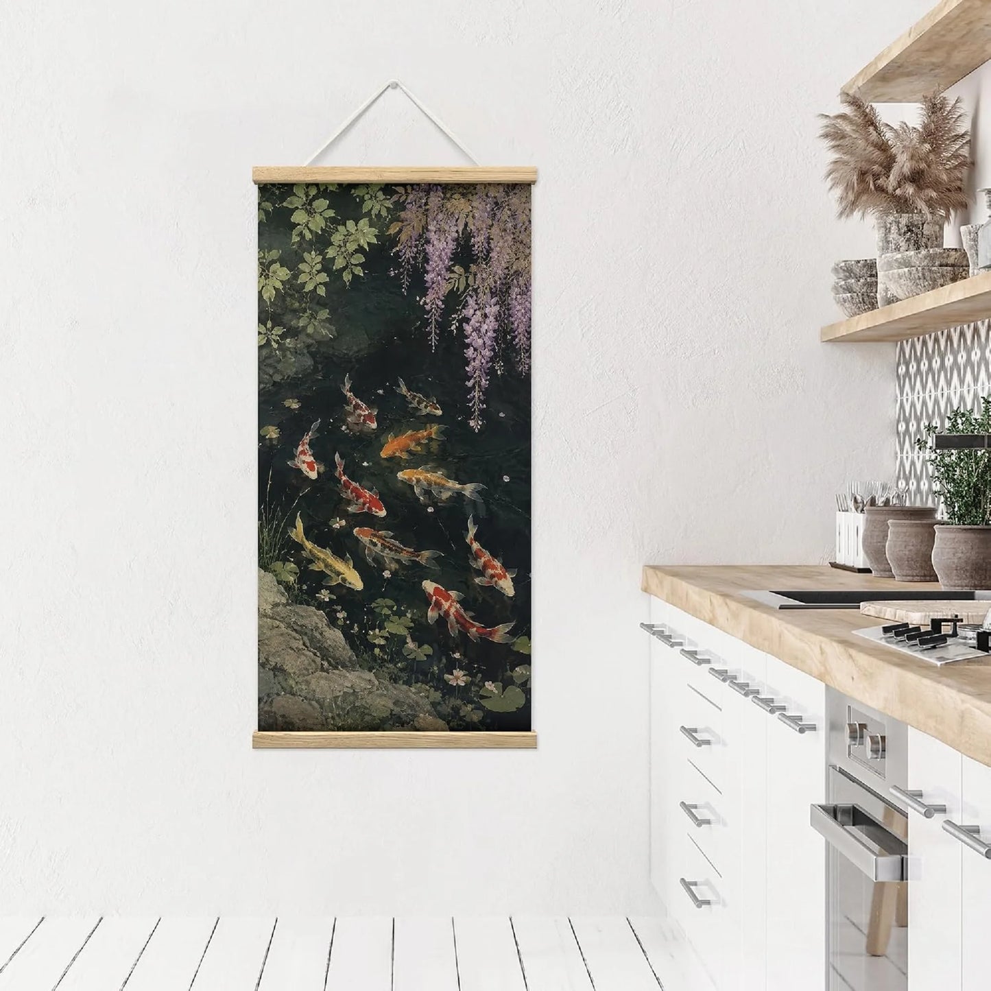 Wooden Framed Hanging Poster Zen Wisteria Koi Fish Pond Oriental Wall Picture Poster Artwork for Home