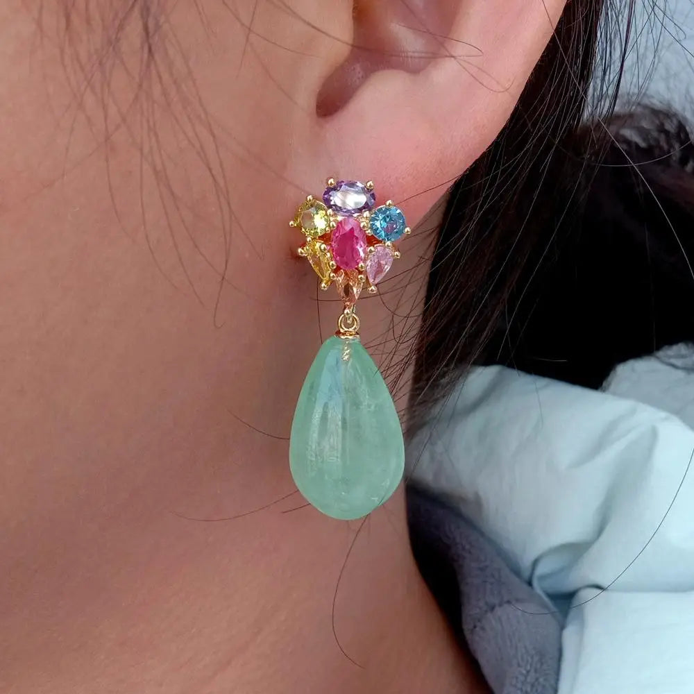 YYGEM 14x23mm Natural Green Fluorite Teardrop Cz Pave Stud Dangle Earrings