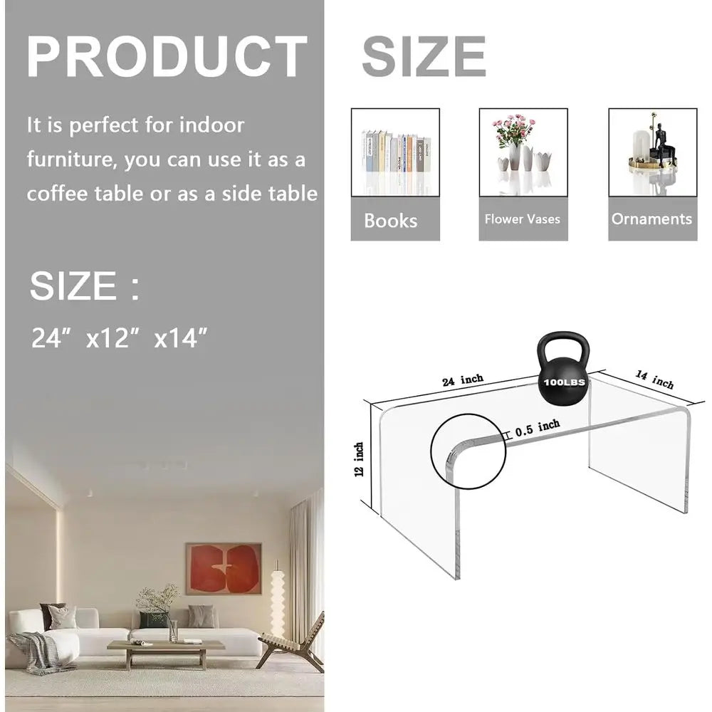 Premium C-Shape Acrylic Side Table,24" L x 14" W x 12" H x 1/2" Thick Clear End Table,Transparent Nightstand with Waterall Edges