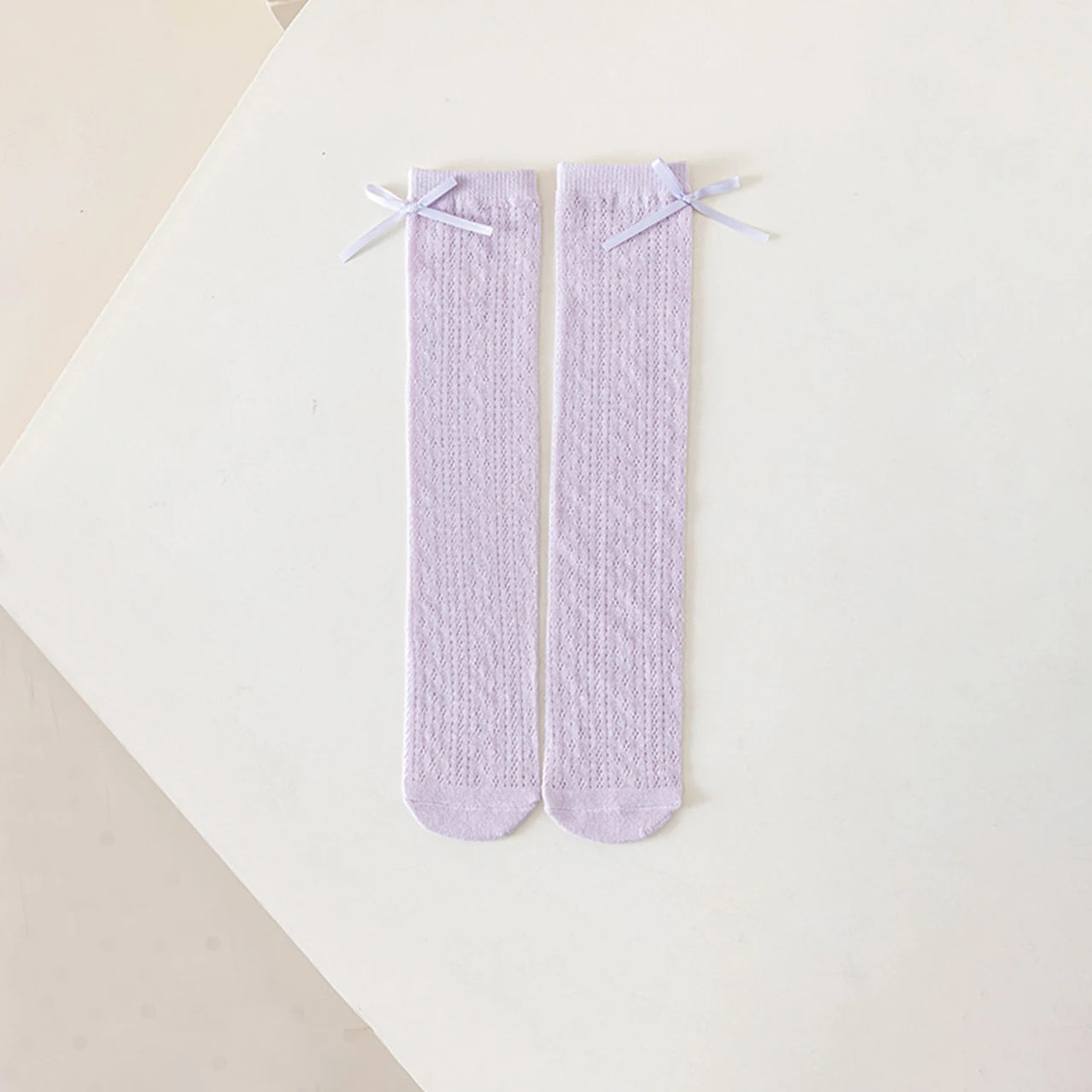 Japanese Hollow Bow Socks for Girl Summer Mesh Breathable Knee High Socks Solid Color Princess Kids Calf Socks 3-10 Years