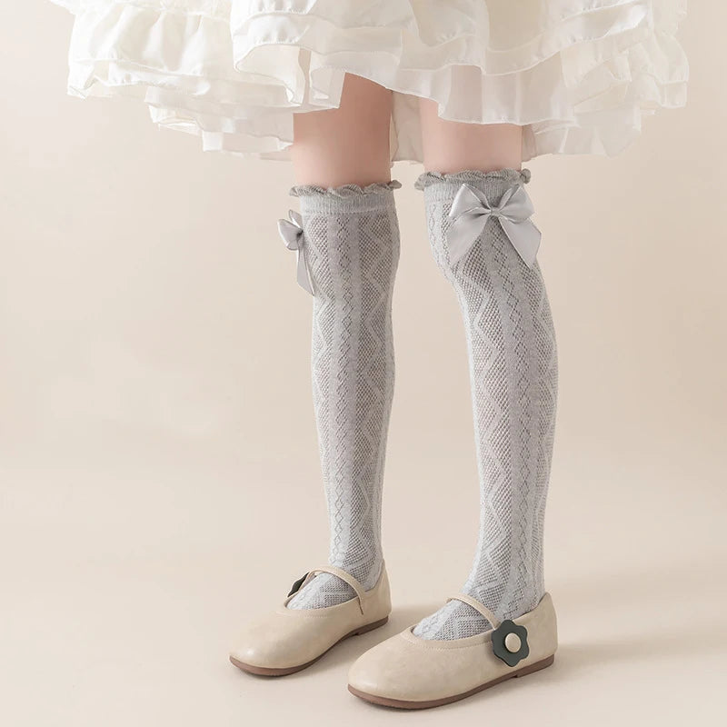 1pcs Girls Knee High Socks Spring Summer Baby Kids Toddlers Long Soft Cotton Socks Student Lace Bow Childrens Lolita Style Socks