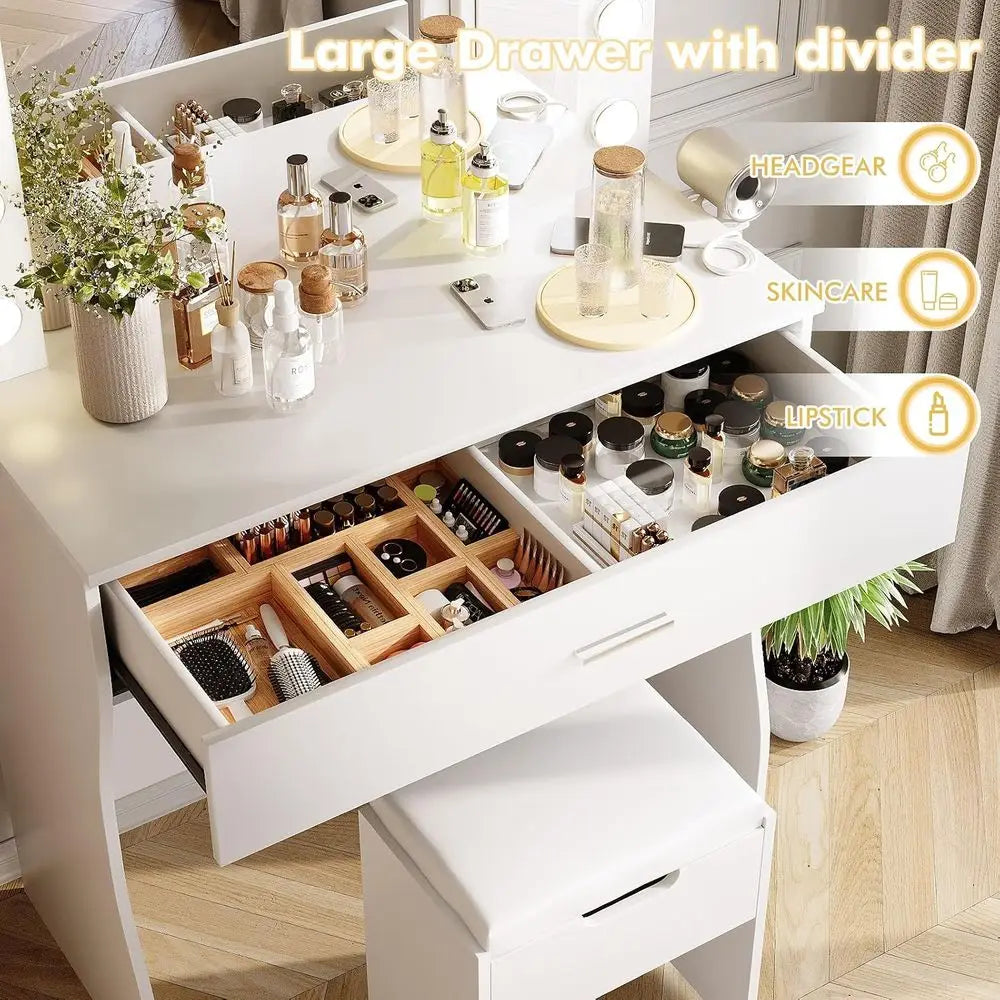 Makeup Vanity Desk with Mirror, 12 LED Lights, 3 Colors, White Table with Charging Station and Storage Stool