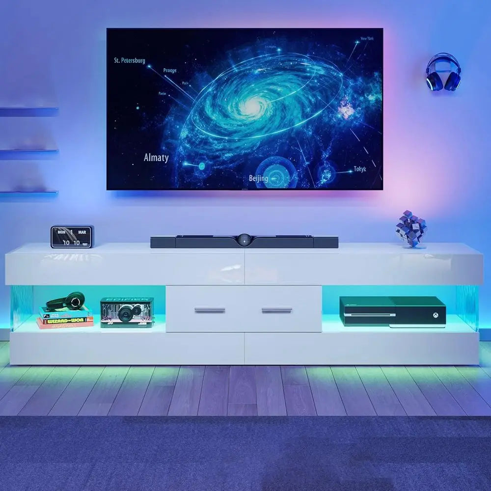 67" ern TV Stand or TVs up to 75 Inch, High Gloss LED Entertainment Center with Stone-ed Do, TV ole with Der & Storage or Living