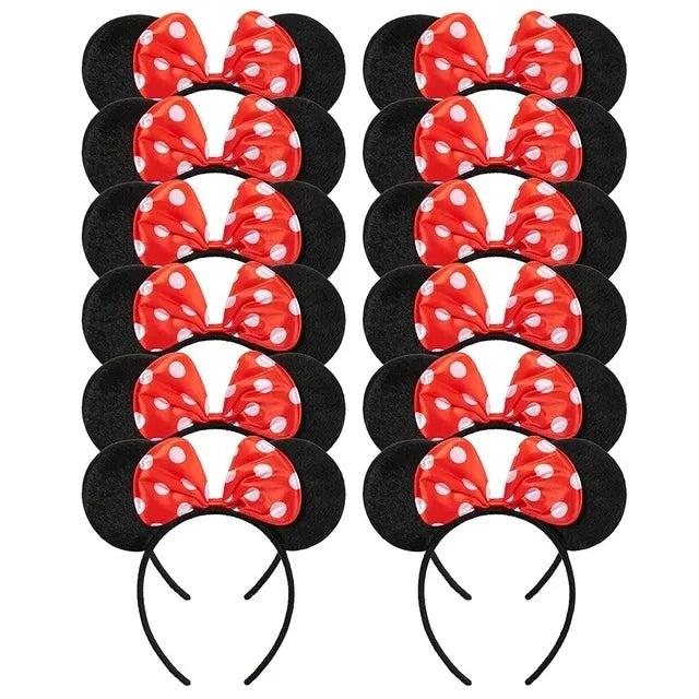 CHuangQi 12pcs Mouse Ears Headband with Bow, Mickey Minnie Ears Headwear for Boy / Girl Birthday Party, Great Party Favors