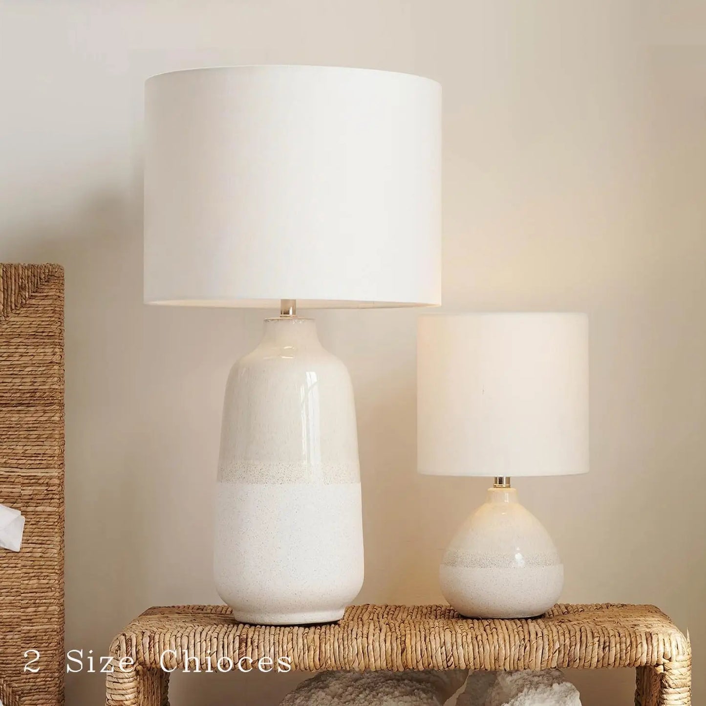 Ceramic Table Lamp Set of 2 for Bedroom, White Farmhouse Lamps with Linen Shade, 13.7IN Nightstand Lights for Living Room