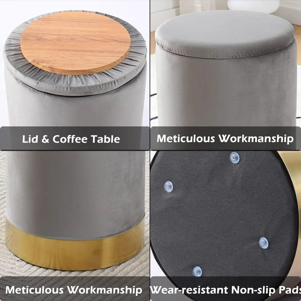 Multipurpose Velvet Ottoman Footrest with Metal Base, Padded Seat Supporting 300 lbs for Living Room (Grey)