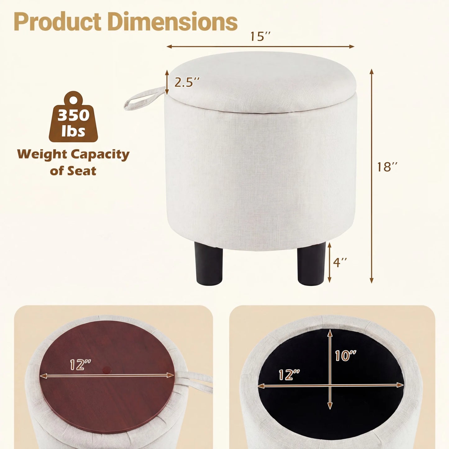 Round Storage Ottoman, Linen Fabric Upholstered Footrest Stool w/ Removable Lid