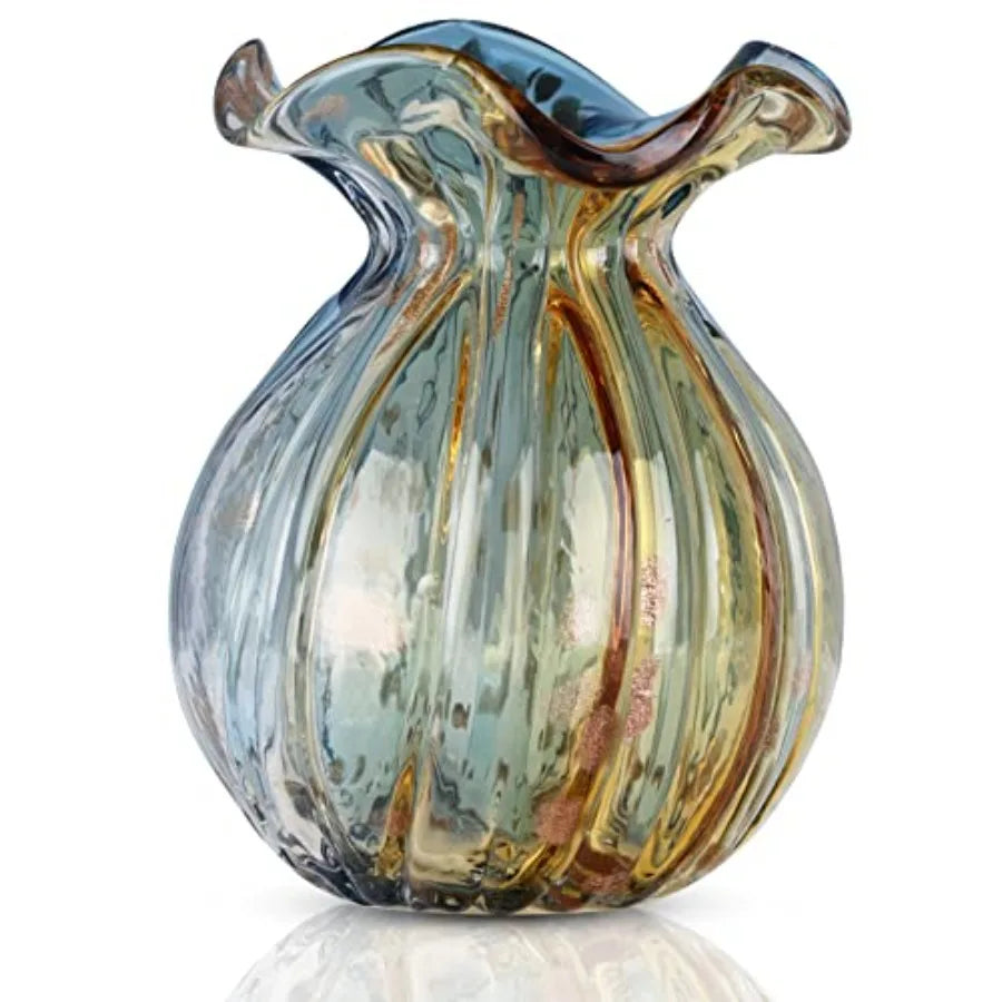 Blown Glass vase, Green Glass vase, Modern Art vase, Wide Mouth vase for Living Room Wedding Table Office centerpieces with Flo