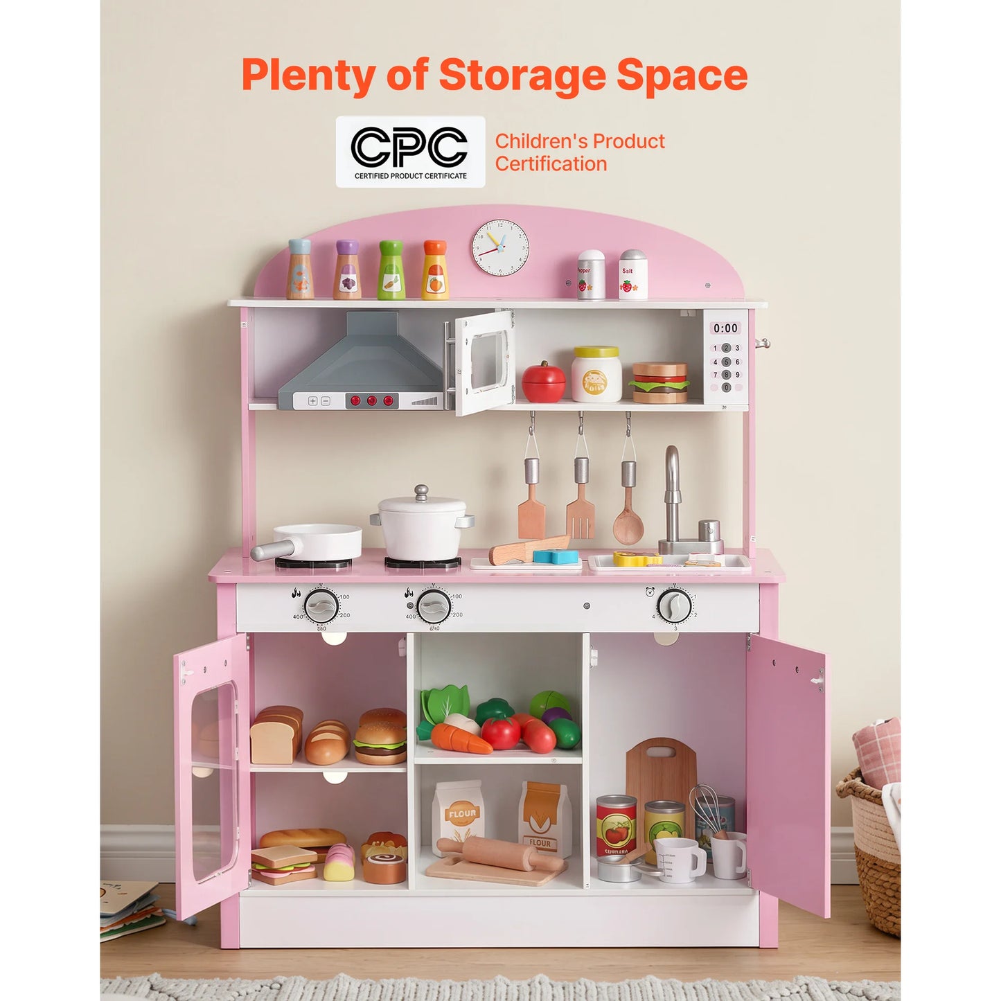 SucceBuy Wooden Play Kitchen Toy Set with Food & Cookware Accessories Pretend Kids Kitchen Playset for Toddlers Girls & Boys