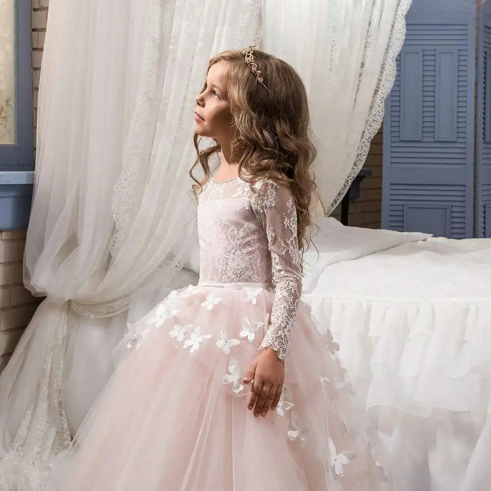 Girls Blush Pink Long Sleeve Lace Illusion Neckline 3D Butterfly Appliqué Tulle Flower Girl Dress With Train For Wedding Party